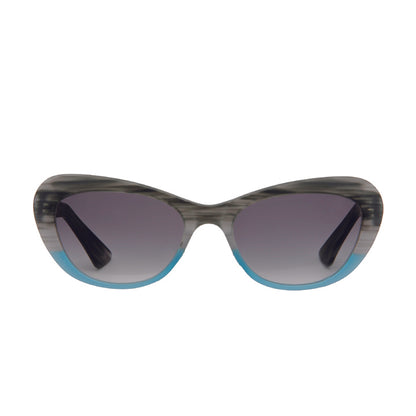 Gray streak and blue cat eye sunglasses, American made, RX friendly eyeglass frame.