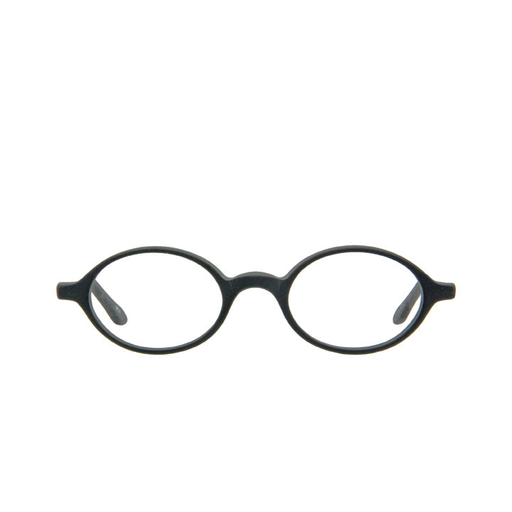 A pair of oval-shaped eyeglasses made from acetate in a matte back color with black temples.