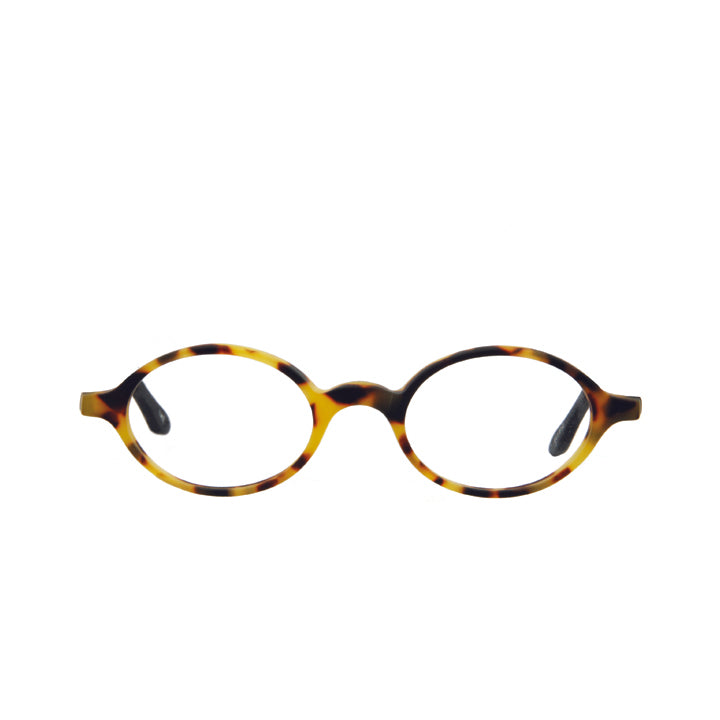 A pair of oval-shaped eyeglasses made from acetate in a tortoise color with black temples.