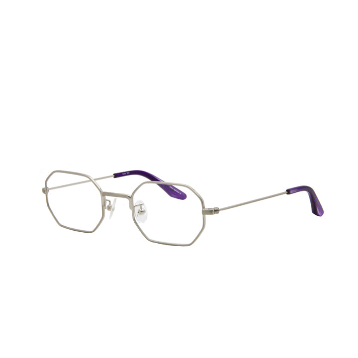 Angled view of a pair of octagon-shaped, full frame geometric metal eyeglasses with adjustable nose pads and clear lenses.