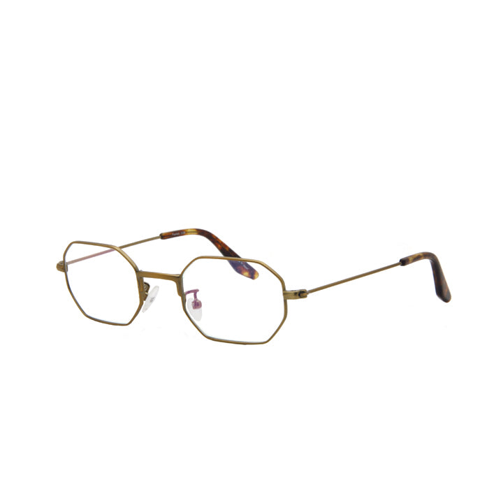 A pair of octagon-shaped, full frame geometric copper metal eyeglasses with adjustable nose pads and clear lenses.