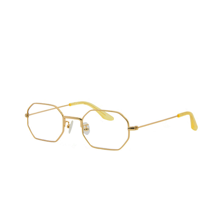 A pair of octagon-shaped, full frame geometric gold metal eyeglasses with adjustable nose pads and clear lenses.