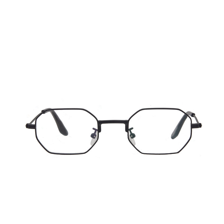 A pair of octagon-shaped, full frame geometric matte black metal eyeglasses with adjustable nose pads and clear lenses.