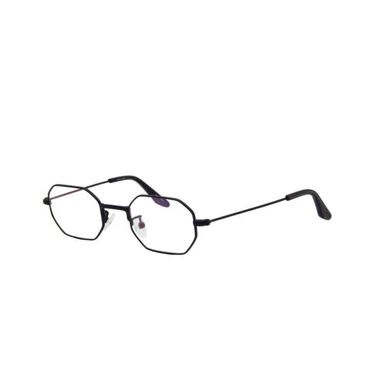 A pair of octagon-shaped, full frame geometric matte black metal eyeglasses with adjustable nose pads and clear lenses.