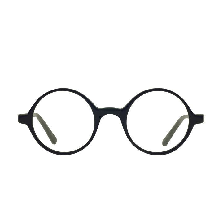 A pair of round eyeglasses made from acetate in a matte black color.