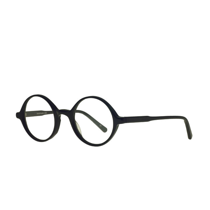 A pair of round eyeglasses made from acetate in a matte black color.