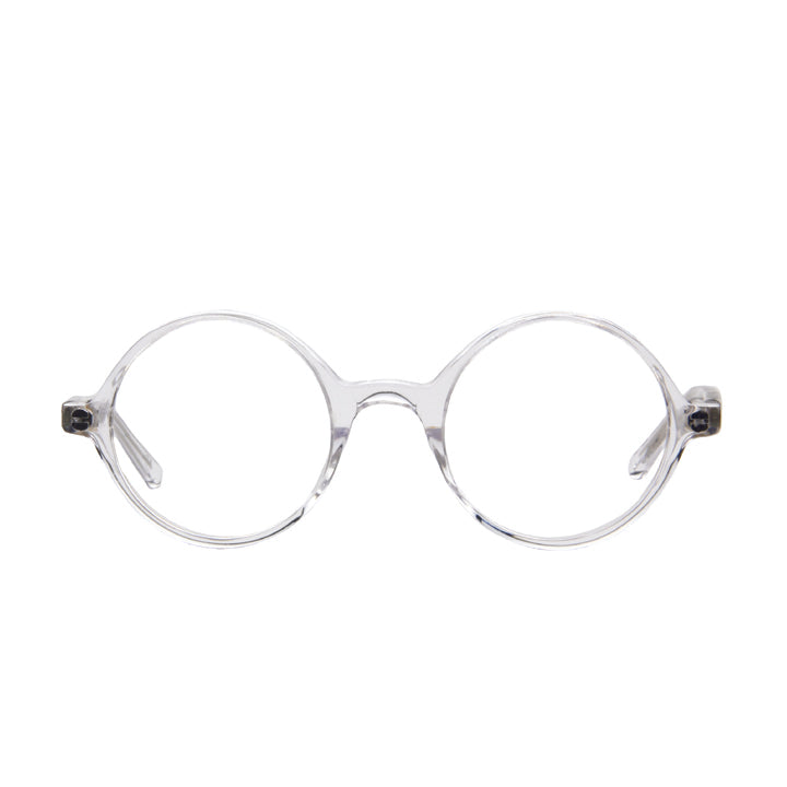 A pair of round eyeglasses made from acetate in a crystal clear color.