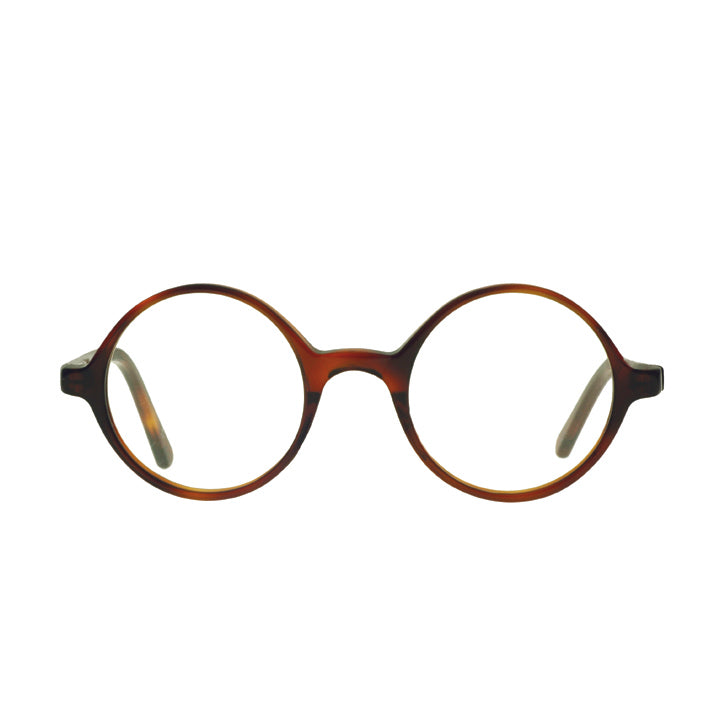 A pair of round eyeglasses made from acetate in a tortoise color pattern.