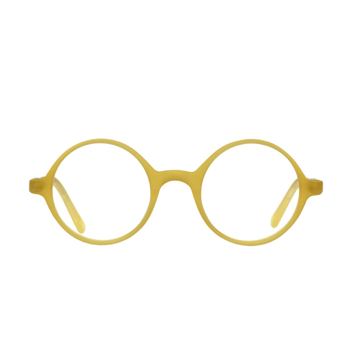 A pair of round eyeglasses made from acetate in a matte yellow color.