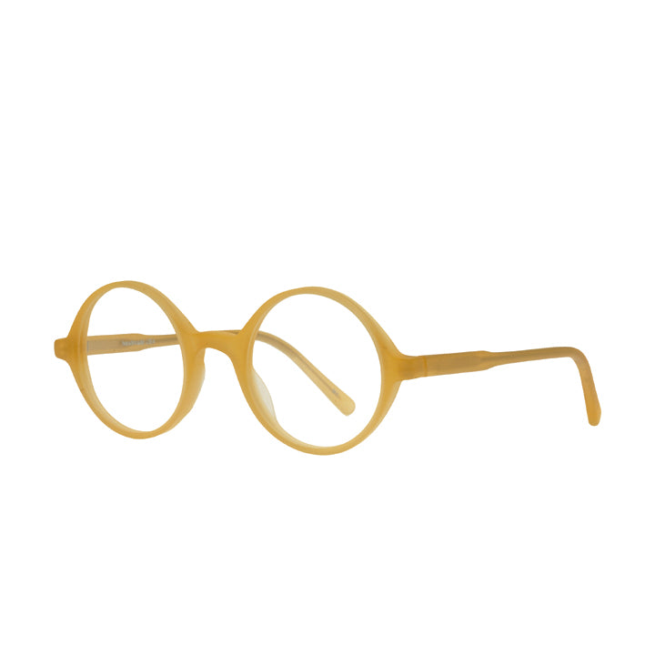 A pair of round eyeglasses made from acetate in a matte yellow color.