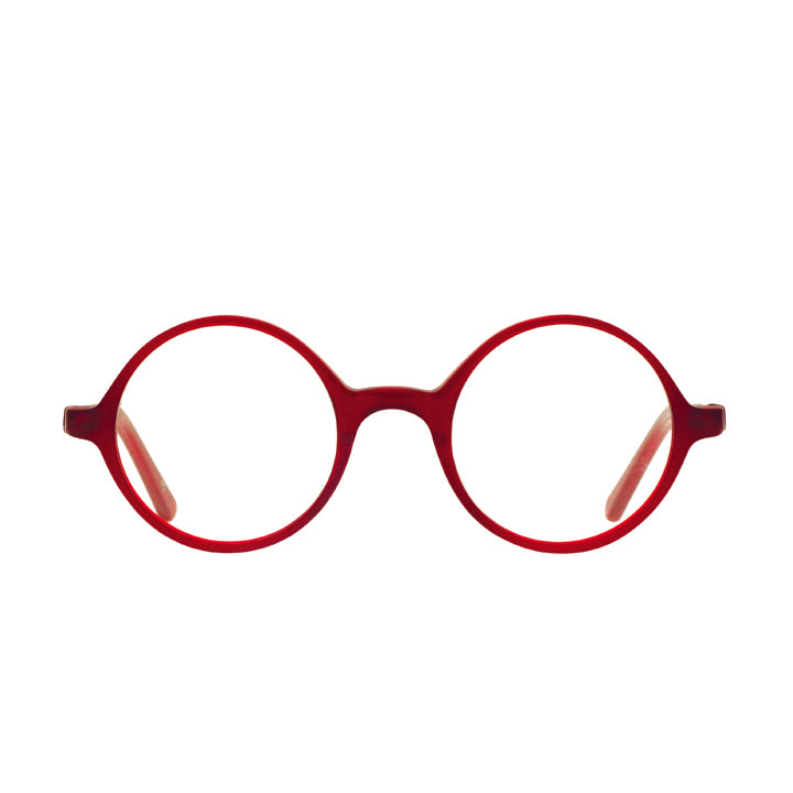 A pair of round eyeglasses made from acetate in a red color.