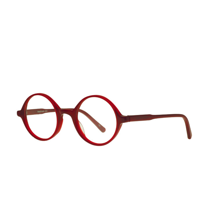 A pair of round eyeglasses made from acetate in a red color.