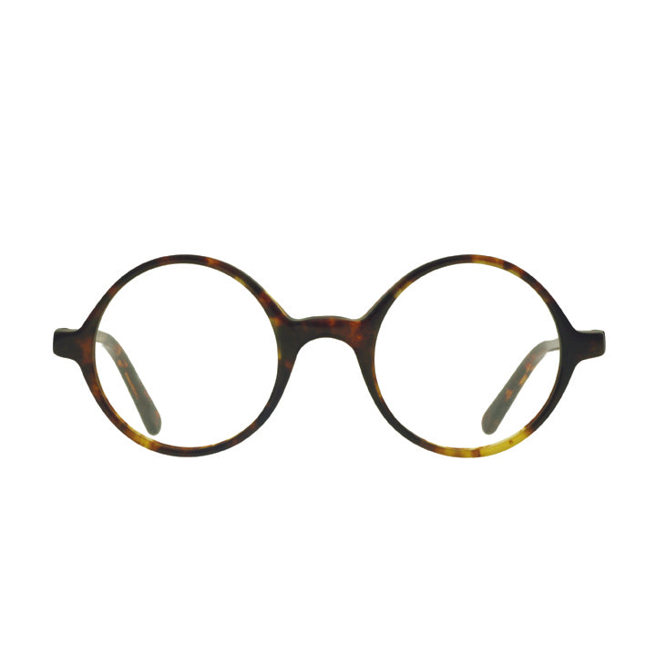 A pair of round eyeglasses made from acetate in a tortoise color.