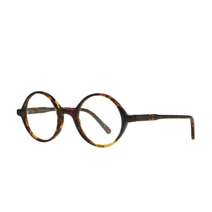 A pair of round eyeglasses made from acetate in a tortoise color.