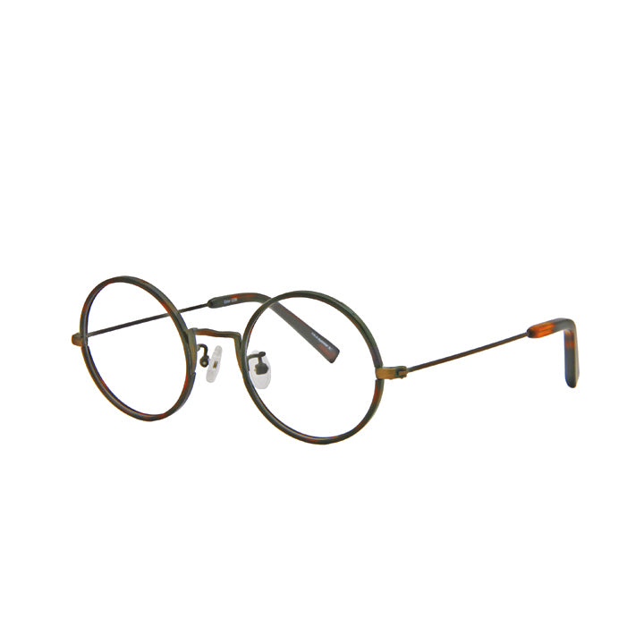 A pair of round full frame metal eyeglasses with copper rim and tortoise temples.