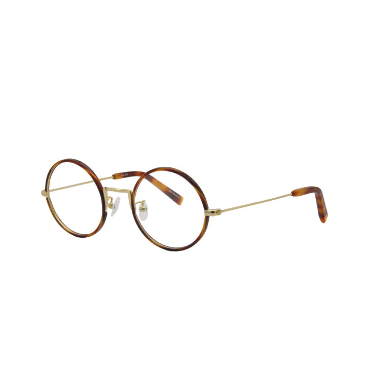Round full rim metal eyeglasses with adjustable nose pads, in a tortoise and gold color combination.