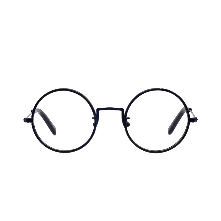 Round full rim metal eyeglasses with adjustable nose pads, matte black in color.
