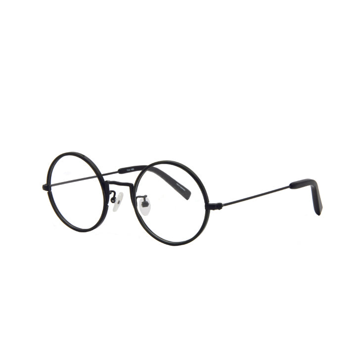 Round full rim metal eyeglasses with adjustable nose pads, matte black in color.