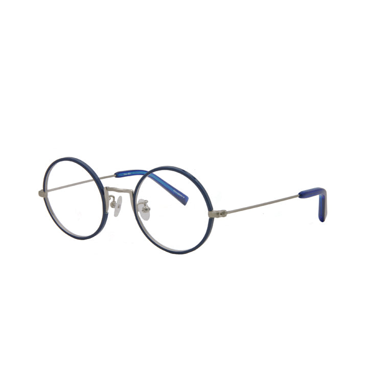 Round full rim metal eyeglasses with adjustable nose pads in a blue and silver color combination.