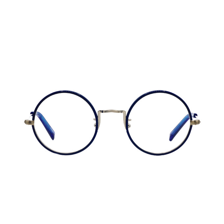 Round full rim metal eyeglasses with adjustable nose pads in a blue and silver color combination.