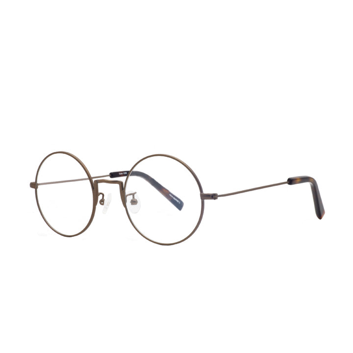 Tortoise and copper round glasses with nose pads.