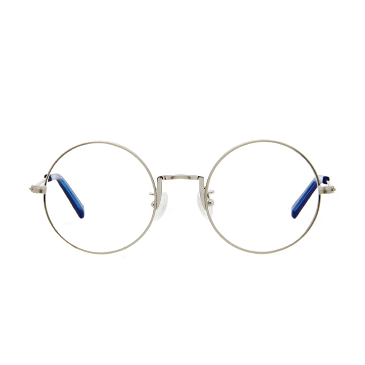 Silver round metal glasses with nose pads.
