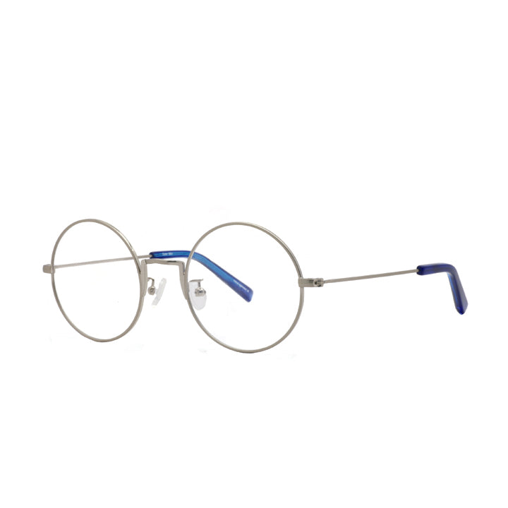 A pair of round full frame metal eyeglasses in silver color with blue accented temples.