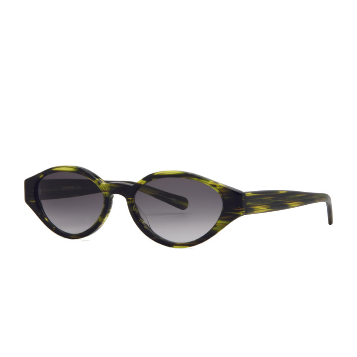 Profile of short 90s sunglasses with oval shape. Prescription friendly in green streak.