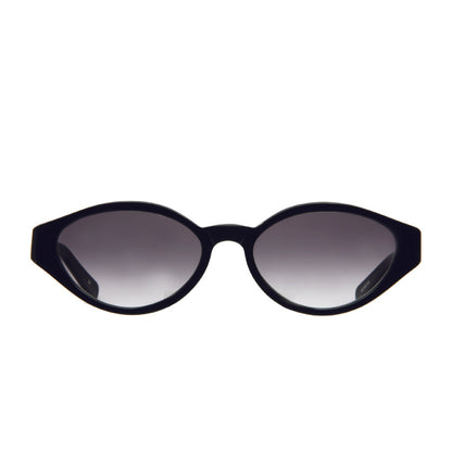 Classic black 90s short sunglasses. Prescription ready, oval shape with gray lenses.