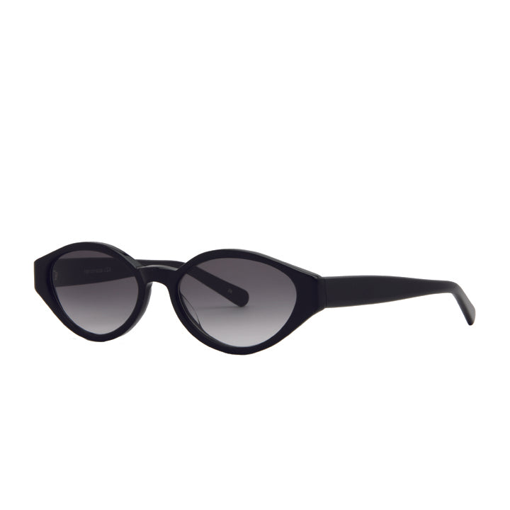 Profile of classic black 90s retro sunglasses for prescription lenses. Oval shape, USA made frames.