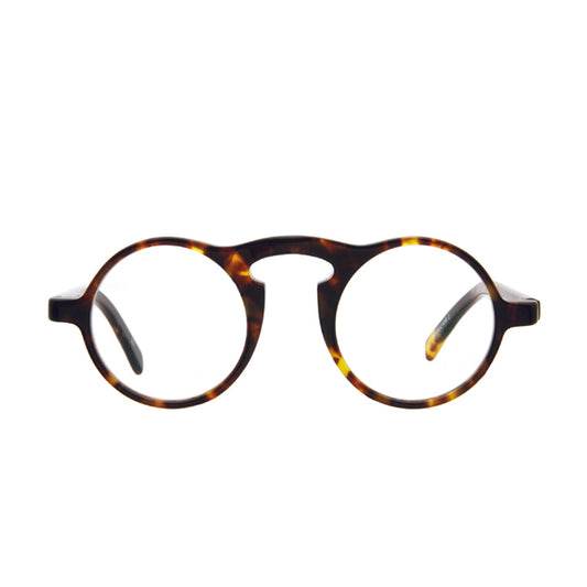A pair of round full frame eyeglasses with a high brow bridge, made of acetate, in a tortoise color pattern.