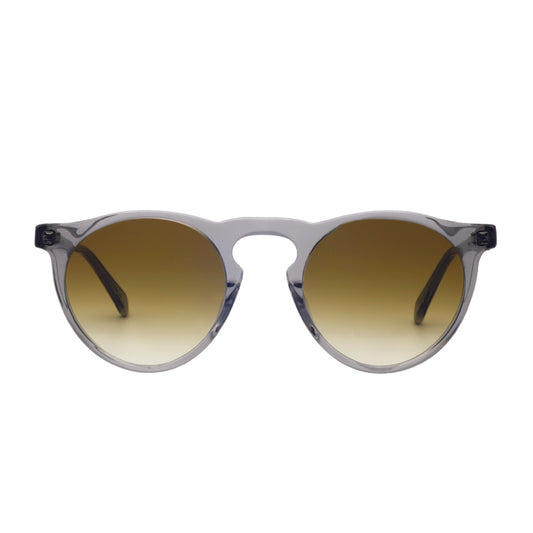 Round full rim sunglasses with a keyhole bridge, in a light gray color with a brown tinted lens.