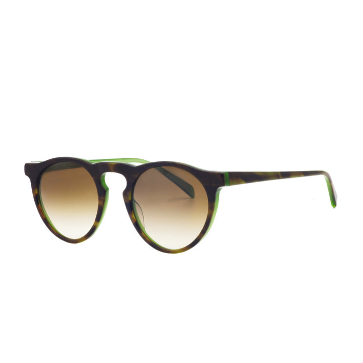 Round full rim sunglasses with a keyhole bridge, in a unique tortoise color pattern that has green accents with a brown tinted lens.