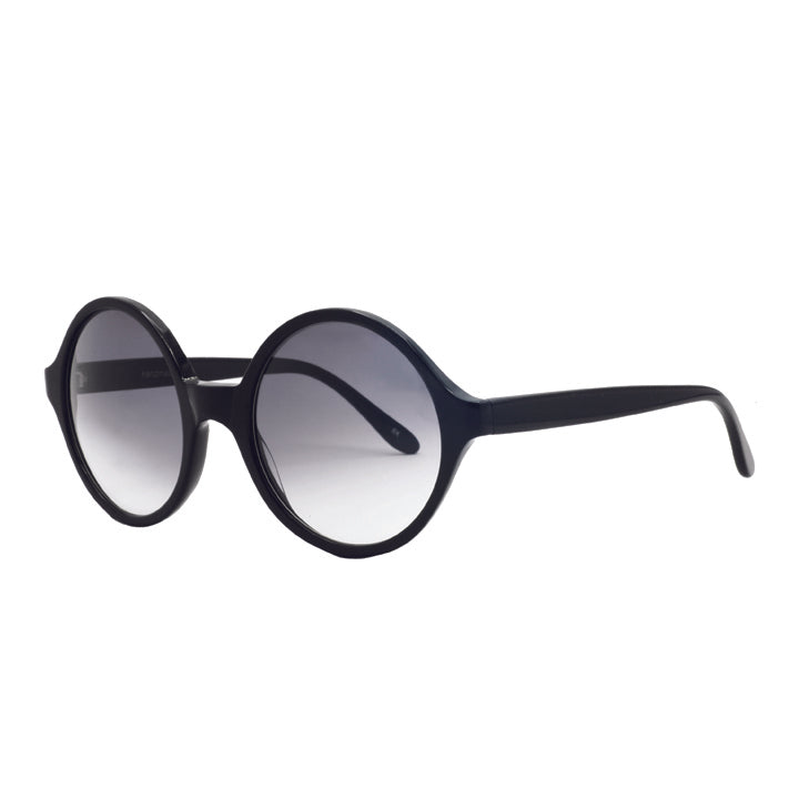 Shiny black sunnies made in USA. Big round glasses with and gray gradient tinted lenses.