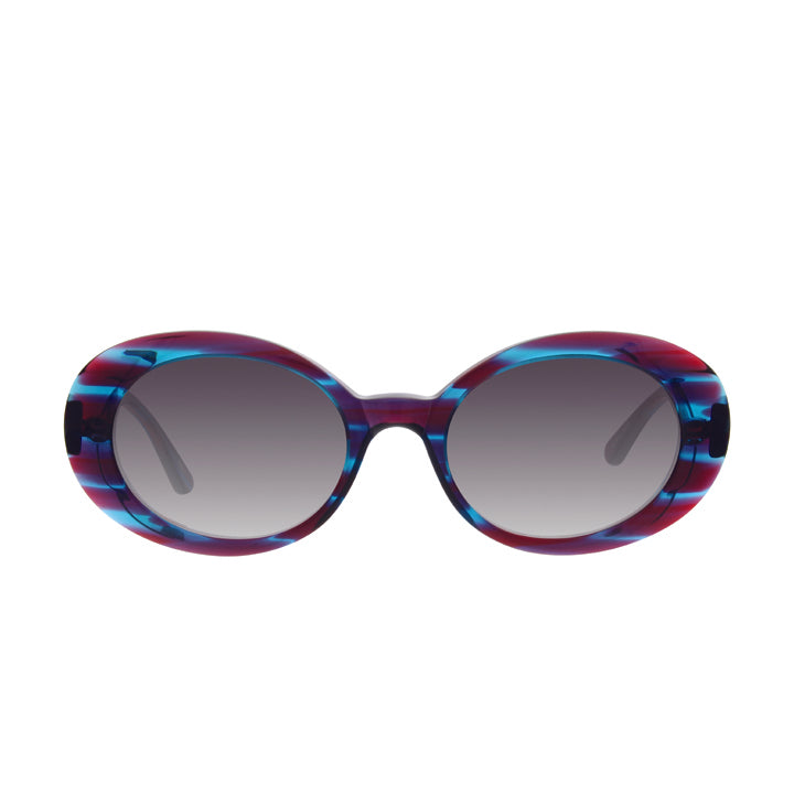 A pair of large rounded sunglasses with saddle bridge, featuring gray lenses in purple and blue streak pattern.