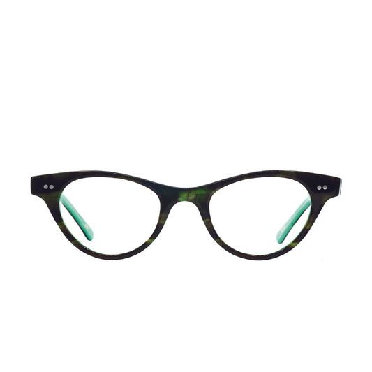 Petite cat eye full rim eyeglasses with saddle bridge in tortoise pattern with green accent.