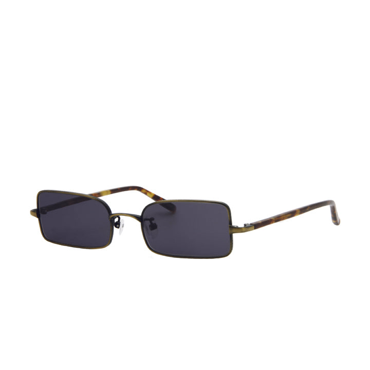 A pair of rectangular shaped sunglasses with gray lenses, copper color and tortoise temples.