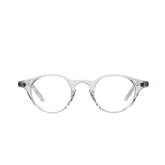 A pair of round full frame eyeglasses with a keyhole bridge and traditional barrel hinges.