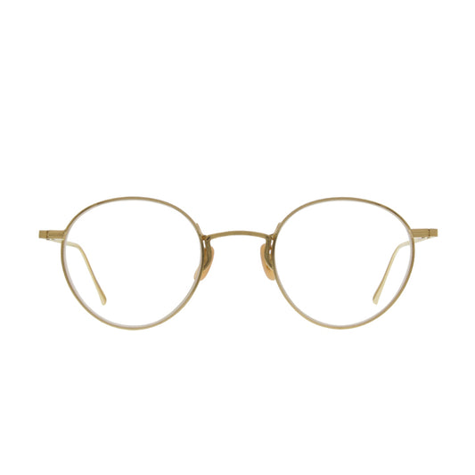 A pair of round full frame eyeglasses with a adjustable nose pads in gold.
