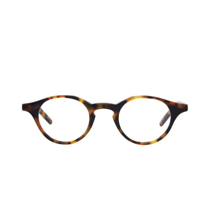 A pair of round full frame eyeglasses in Tokyo tortoise color pattern with keyhole bridge and clear lenses.