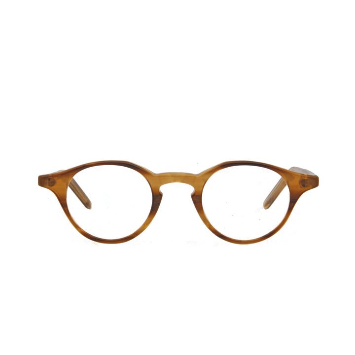 Side view of a pair of round full frame eyeglasses in light brown color pattern with keyhole bridge and clear lenses.