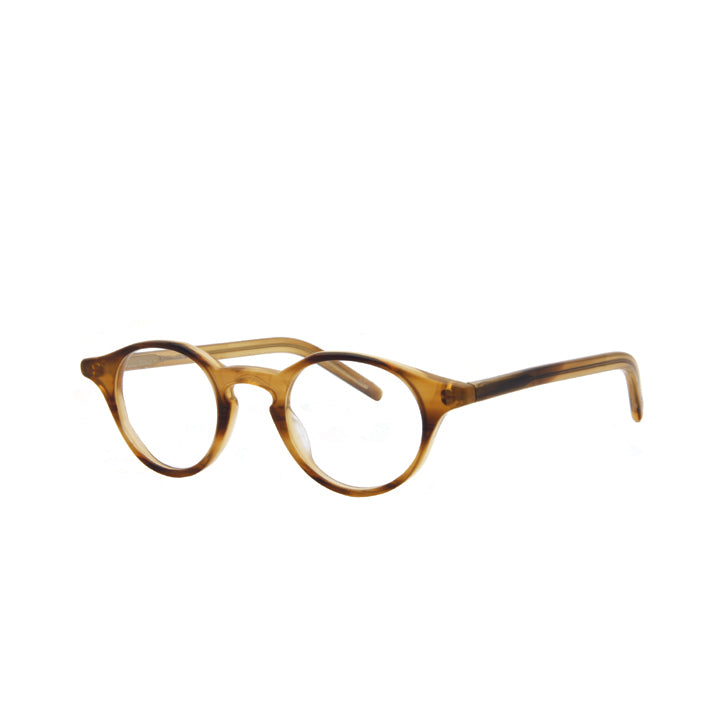 Side view of a pair of round full frame eyeglasses in light brown color pattern with keyhole bridge and clear lenses.