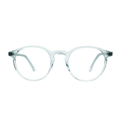 Clear round eyeglasses with keyhole bridge on a white background.