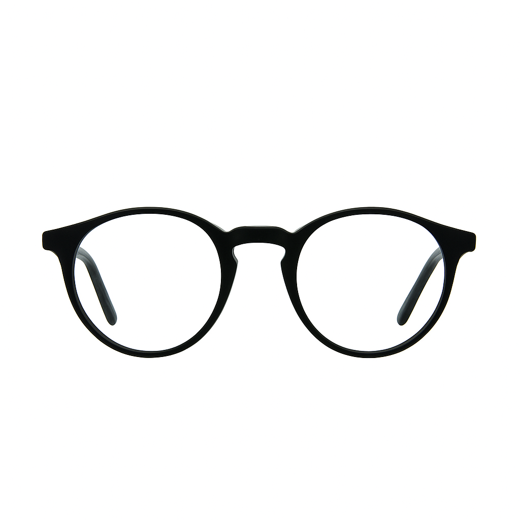 Black eyeglasses with keyhole bridge and p3 round shape on a white background
