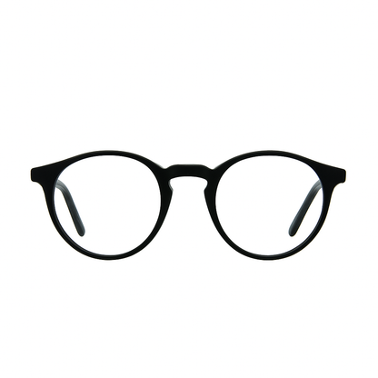 Black eyeglasses with keyhole bridge and p3 round shape on a white background