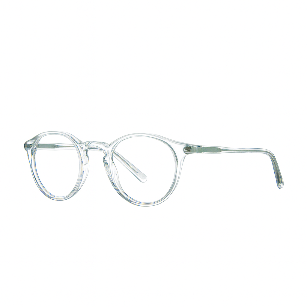 Clear eyeglasses with round lenses and keyhole bridge on a white background.