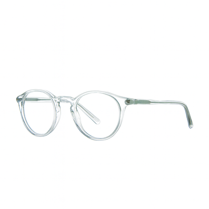 Clear eyeglasses with round lenses and keyhole bridge on a white background.