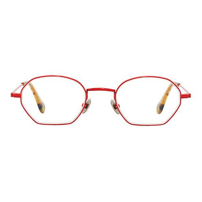 Red glasses with geometric shape and adjustable nose pads.