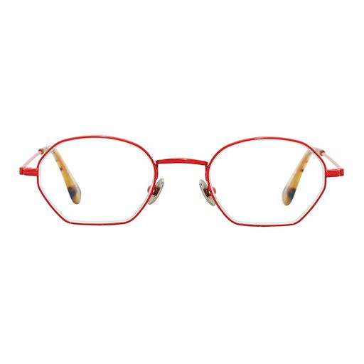 Red glasses with geometric shape and adjustable nose pads.