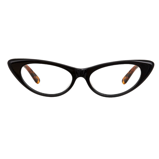 A pair of black retro cat eye style glasses with a tortoise animal print temple.